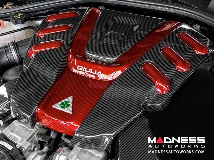 Alfa Romeo Giulia Engine Cover - Carbon Fiber - QV Version  - Red Candy Center + Red Candy Accents